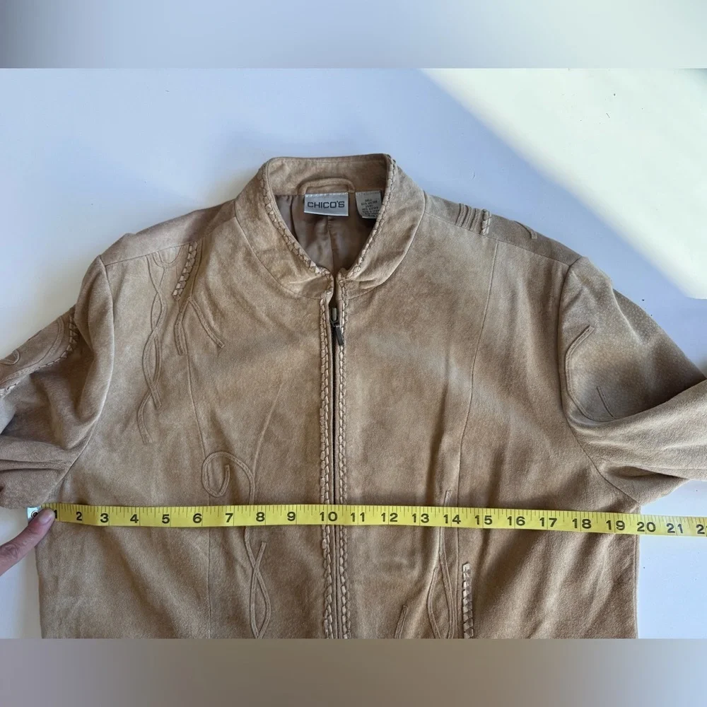 Chico’s Tan Brown Leather Suede Boho Festival Embroidered Zip Up Jacket Women’s